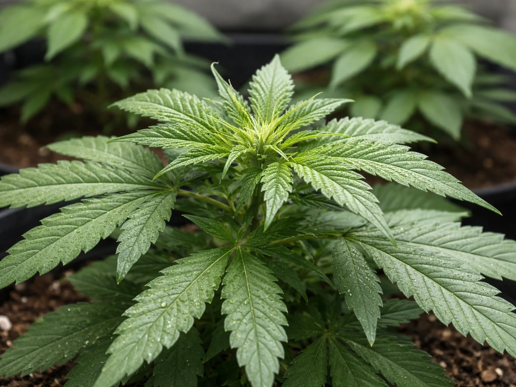 Close-up of young autoflower plants showing early transition toward pre-flower with new green growth.