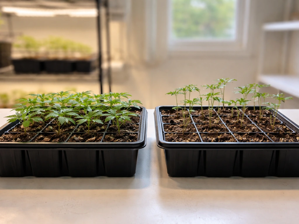 Minimal desk scene with two cannabis seedling trays representing fast autoflower vs longer photoperiod growth timelines.