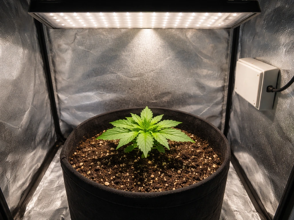 Overhead grow light glowing above a small indoor plant, with a simple automation timer box beside it