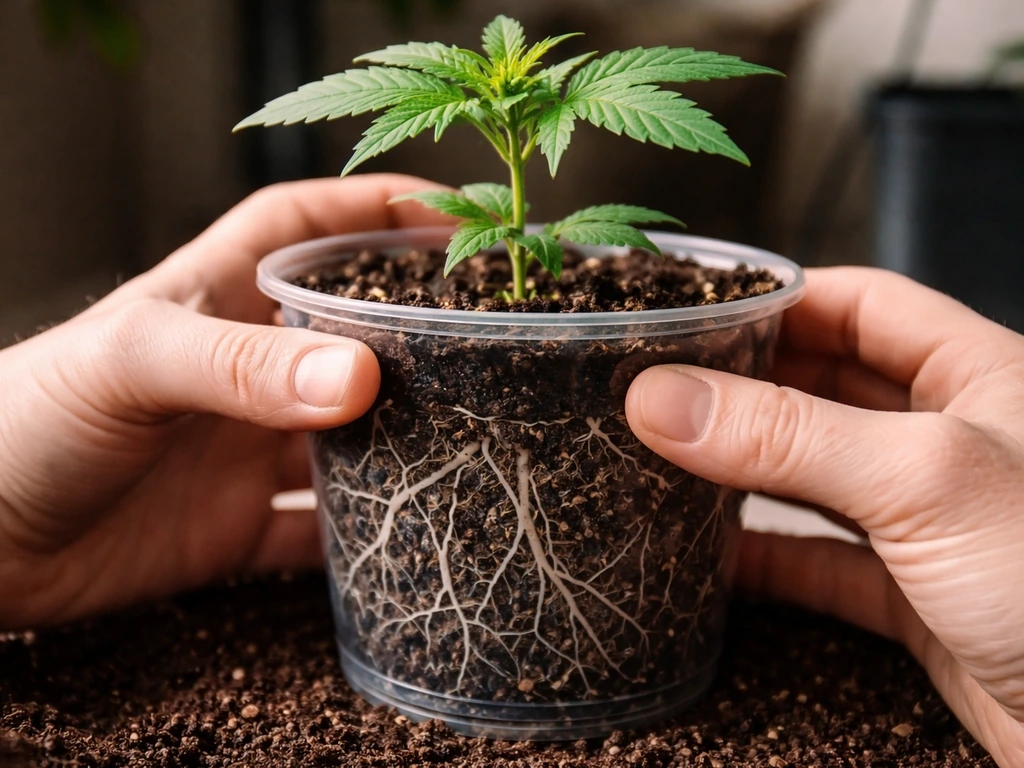 Hands gently supporting an autoflower’s root ball in a properly sized container for transplanting.