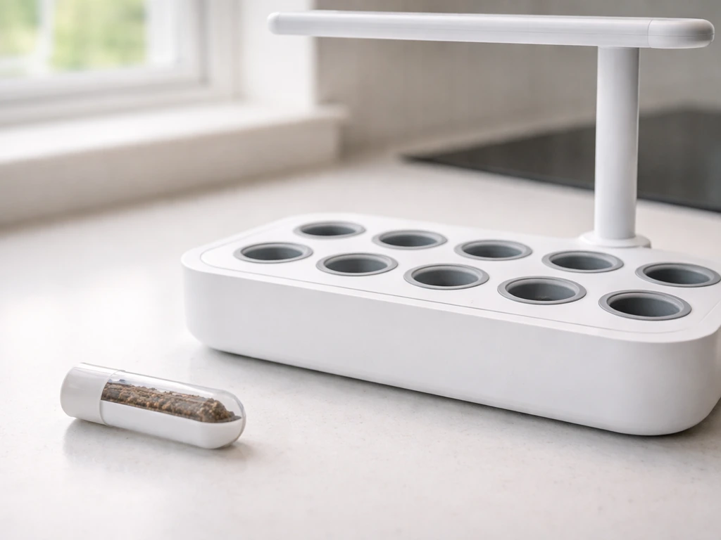 Aerogarden grow deck with empty slots and a Click & Grow pod beside it, showing physical compatibility