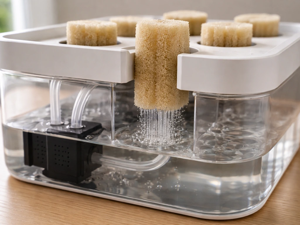 Cutaway hydroponic system with a reservoir pump feeding nutrient into grow sponges that wick moisture upward.