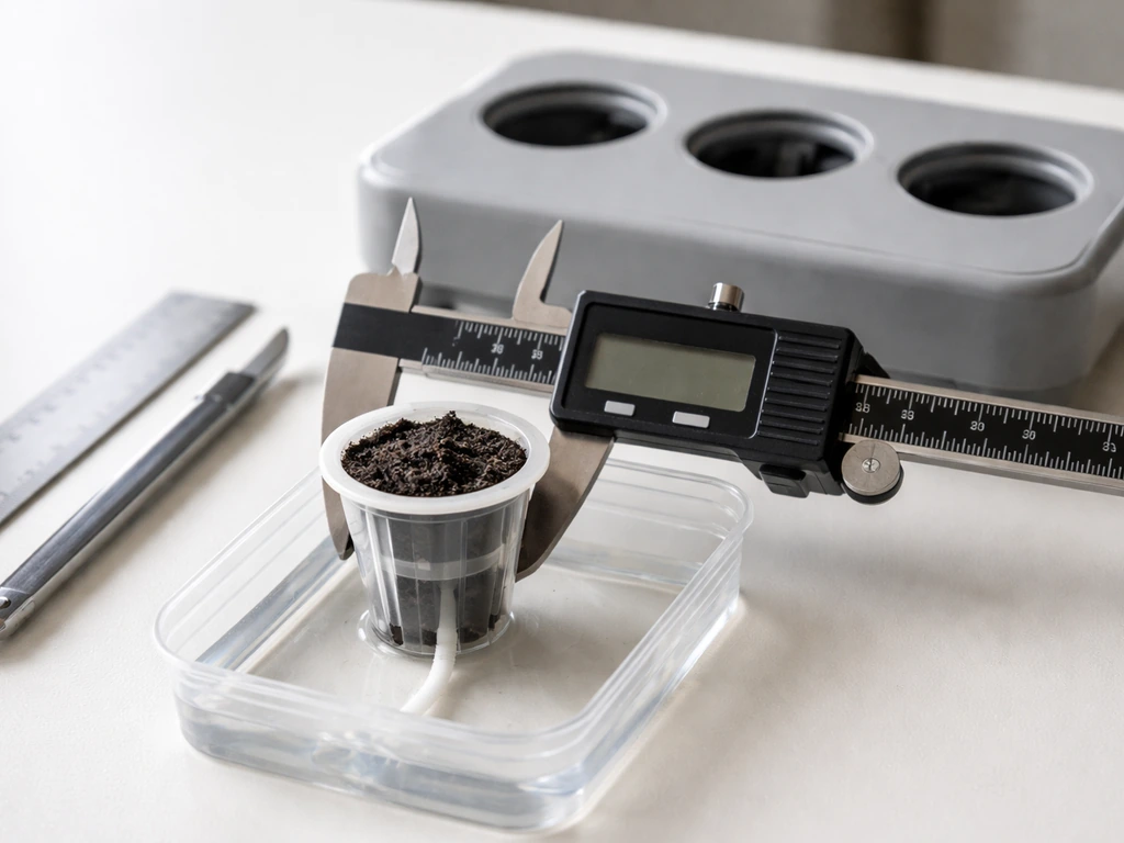 Close-up of a caliper and ruler measuring a grow pod beside an AeroGarden grow deck on a table