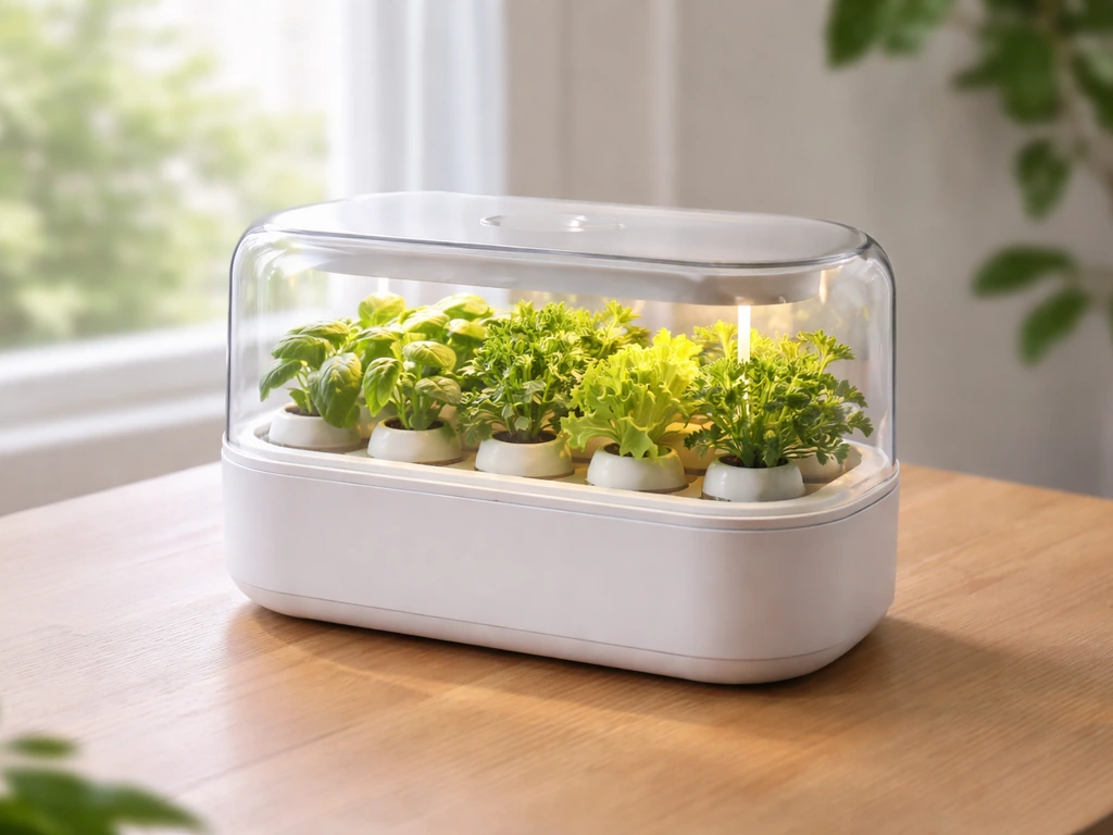 Tabletop hydroponic grow unit with visible pods and LED-lit chamber on a clean wooden table.