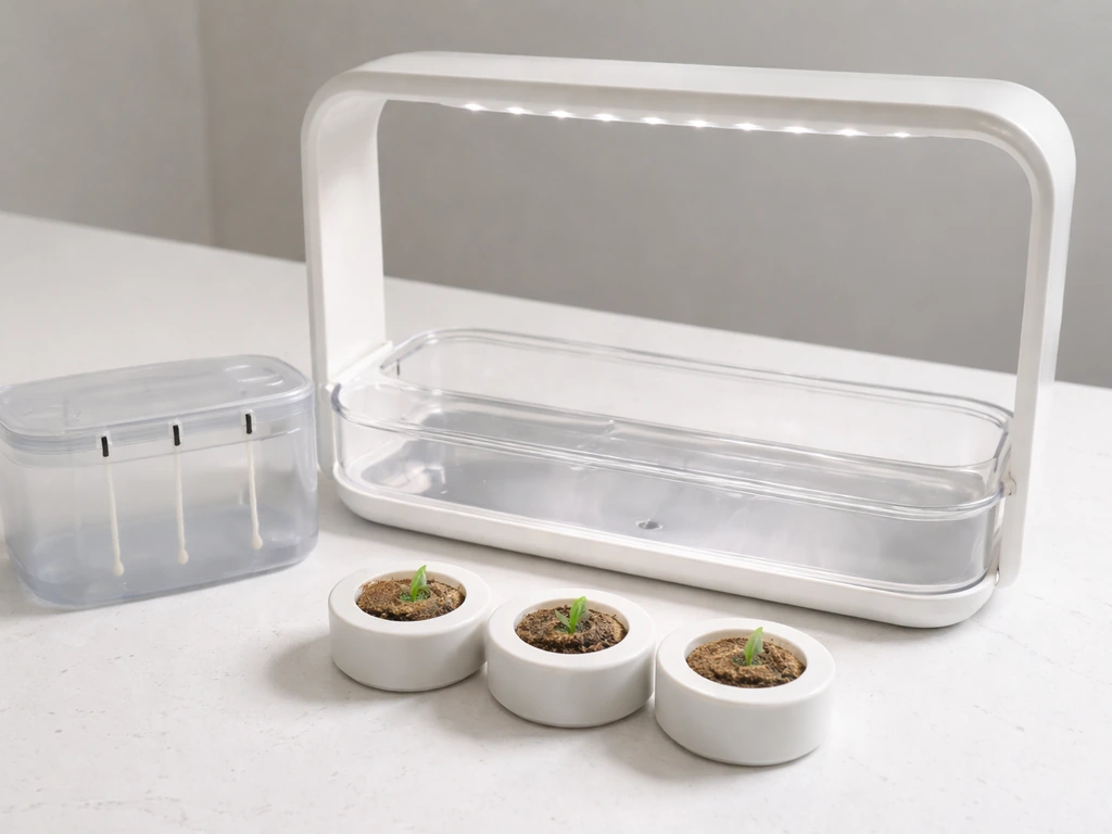 Minimal photo showing seed pods, water tank, and a grow chamber with LED light connected by wicks.