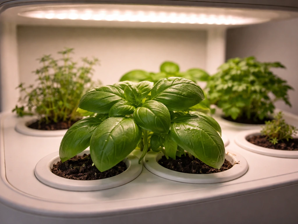 Close-up of fresh basil and leafy herb pods under a small LED grow light, ready to harvest