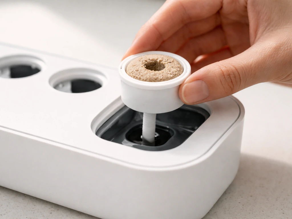 Close-up of hands inserting a plant pod into a small device slot with the germination opening uncovered