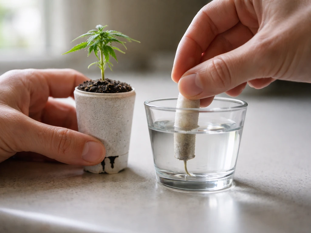 Hand holding a grow pod with visibly dry wick, beside a water cup for re-wetting