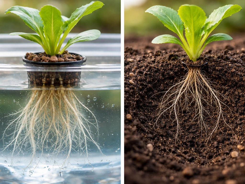 Split-screen of hydroponic vs soil seedlings, highlighting more open roots in water and compact roots in soil.