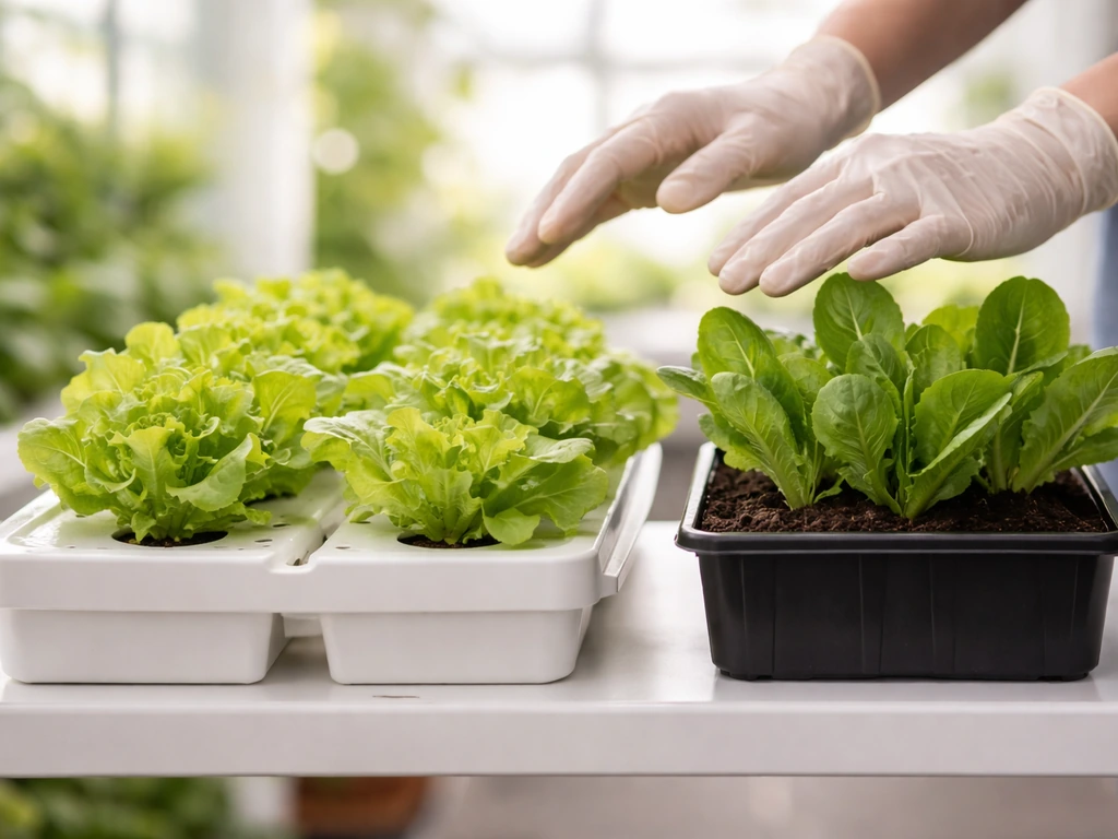 Minimal photo of adjacent hydro and soil planters with fresh greens, anonymous hands checking growth.
