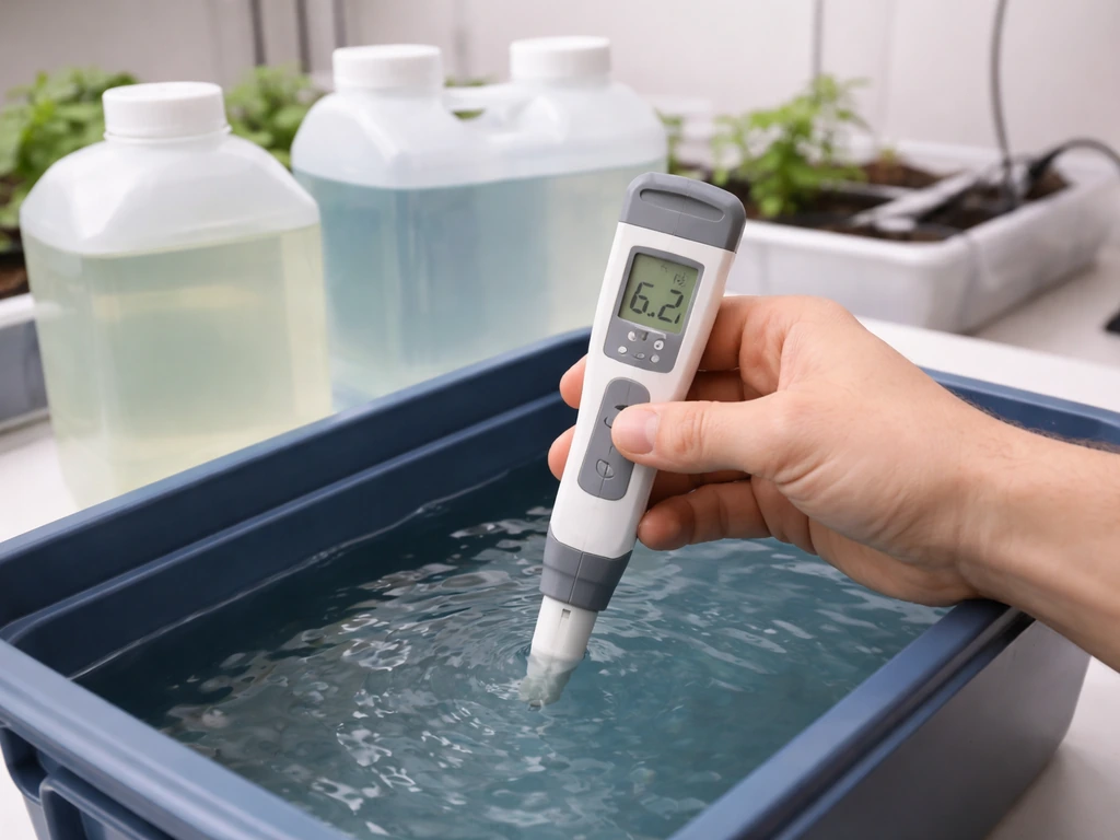 Hand holding a handheld pH/EC meter over hydroponic nutrient reservoir with clear solution containers.