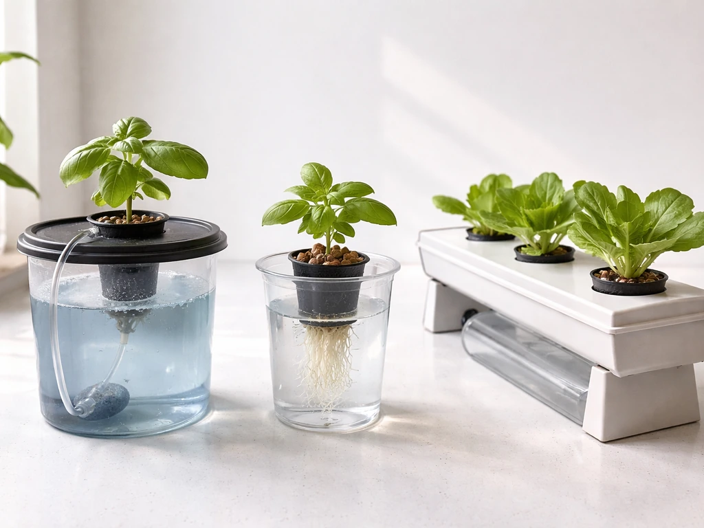 Three simple hydroponic setups—DWC bucket, Kratky cup, and NFT channel—arranged on a small tabletop.