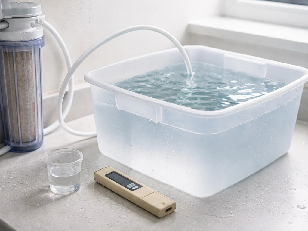 Close-up of hydroponic water prep: opaque tote, RO tubing, TDS meter, and a small water sample container.