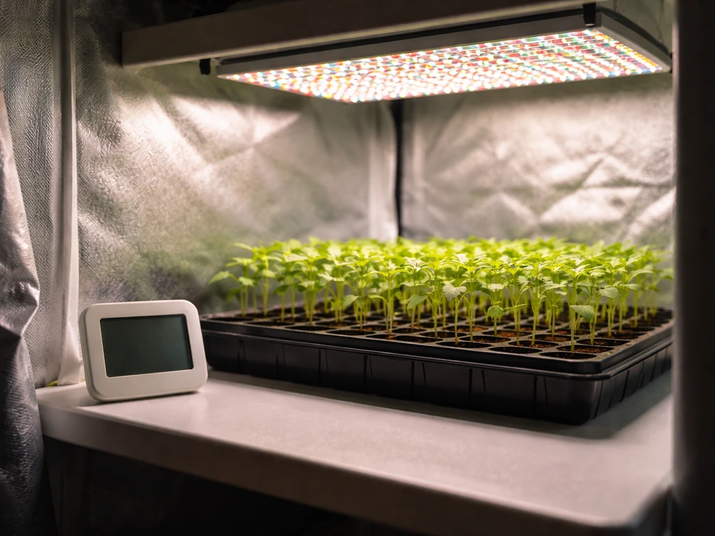 Full-spectrum LED lights over hydroponic seedlings with a small thermometer/hygrometer nearby.