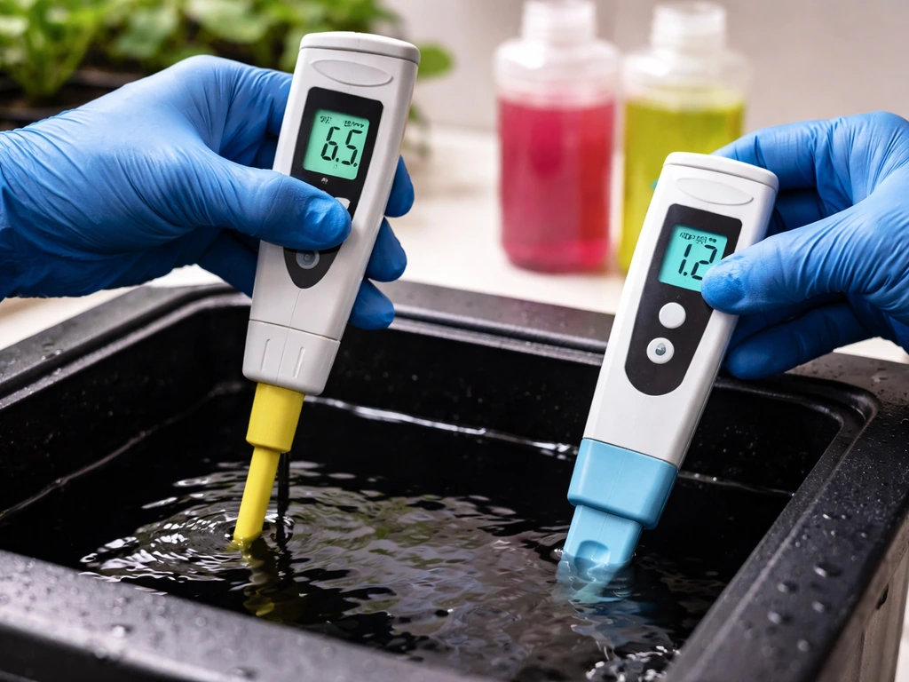 Gloved hands testing pH and EC in a hydroponic reservoir with nutrient bottles nearby.