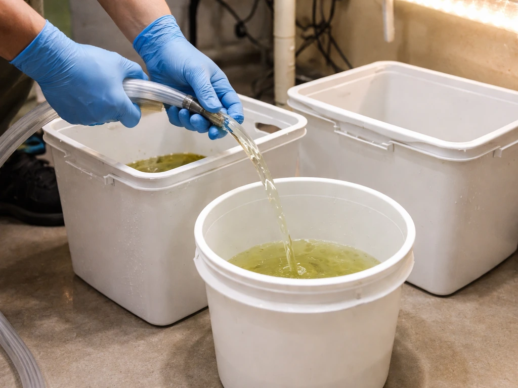 Gloved hands draining a hydroponic reservoir into a bucket, with a clean container nearby.