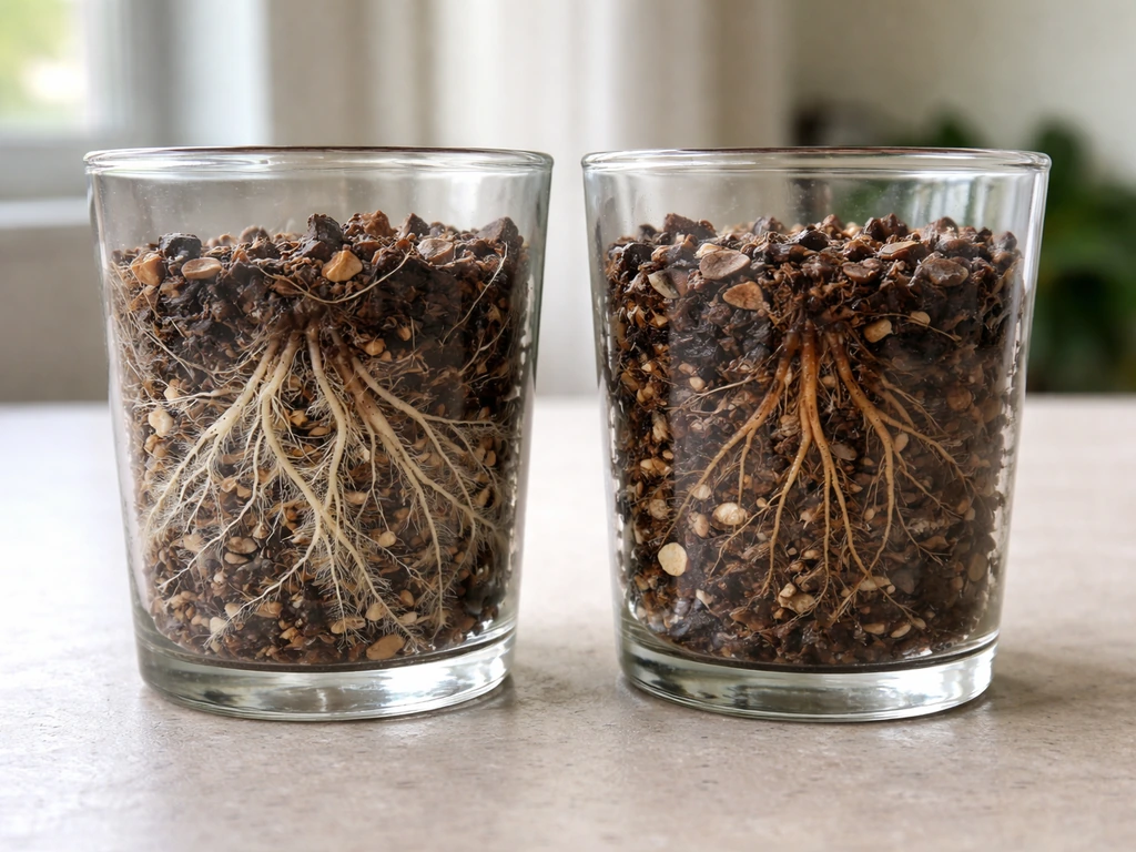 Two side-by-side glass containers: cream healthy roots with hairs vs brown slightly slimy rotten roots.