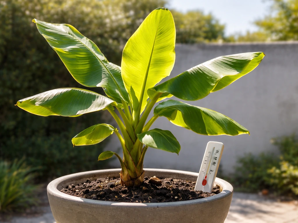 Banana plant leaves in direct sun with a small indoor thermometer near the pot showing an ideal temperature