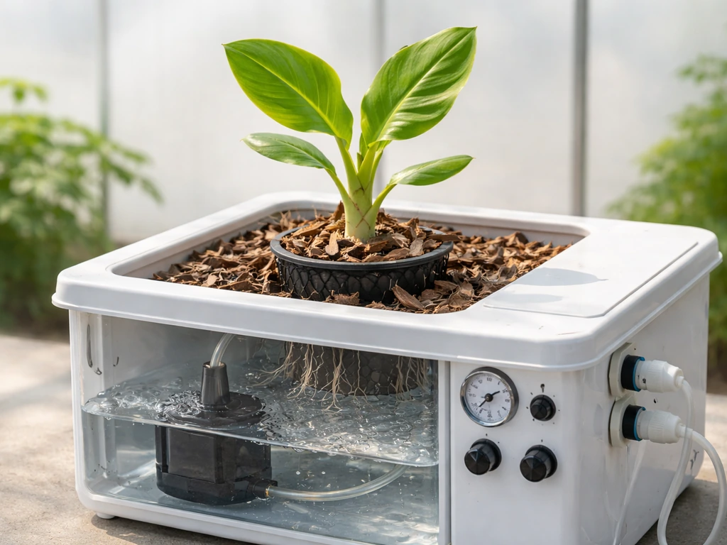 Hydroponic banana plantlet in a reservoir system with grow media and visible water flow controls