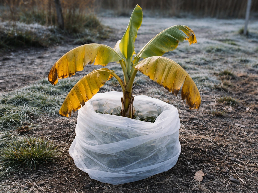 Banana plant with yellowing leaves and slowed growth, partially protected with frost cloth in cool outdoor light