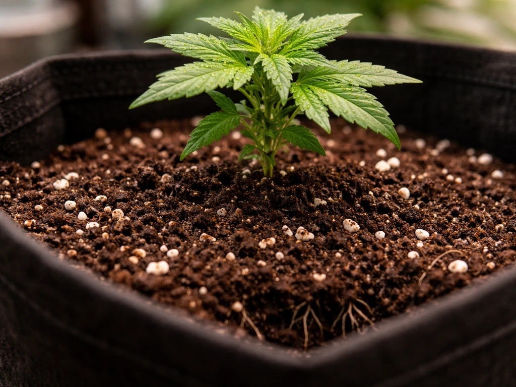 Healthy autoflower in a fabric pot, close soil surface view showing roots zone and moist, airy medium texture.