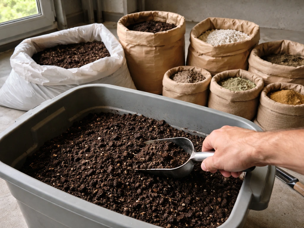 Compost bags and mineral amendments beside a container as a scoop mixes a living soil blend