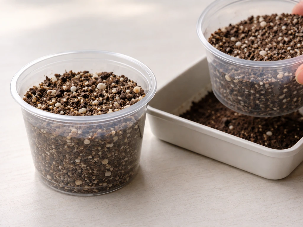 Small transparent container with drained soil mix texture, perlite grains visible, plus airy drainage setup