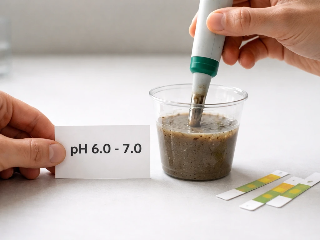 Close-up of hands testing soil slurry pH in a sample cup with meter probe and simple reference card