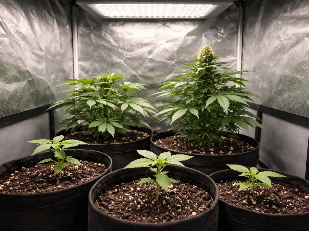 Tidy indoor autoflower grow tent showing seedlings progressing toward flowering buds