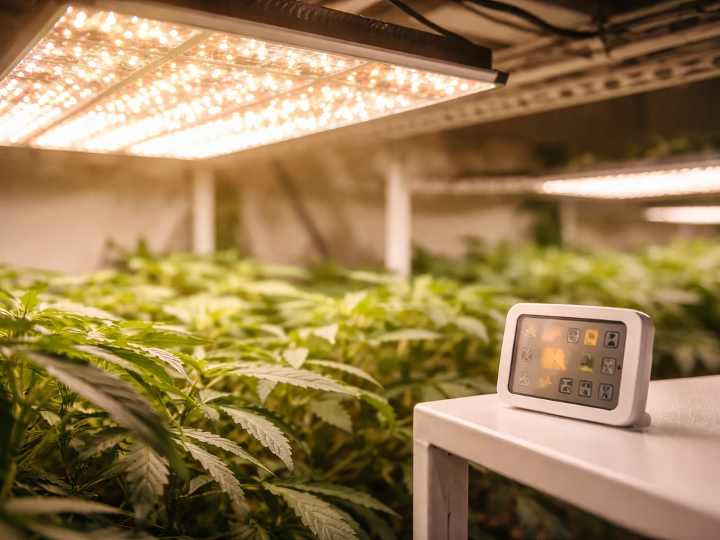 Close-up of an LED grow light above canopy with a lit hygrometer/thermometer indicating bright conditions