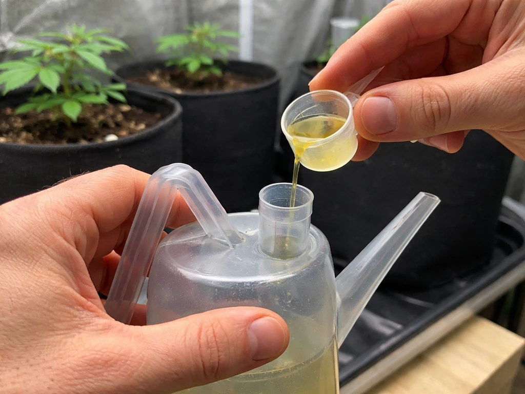 Close-up of hands measuring and pouring nutrient dose into a watering can in a simple indoor grow setup.