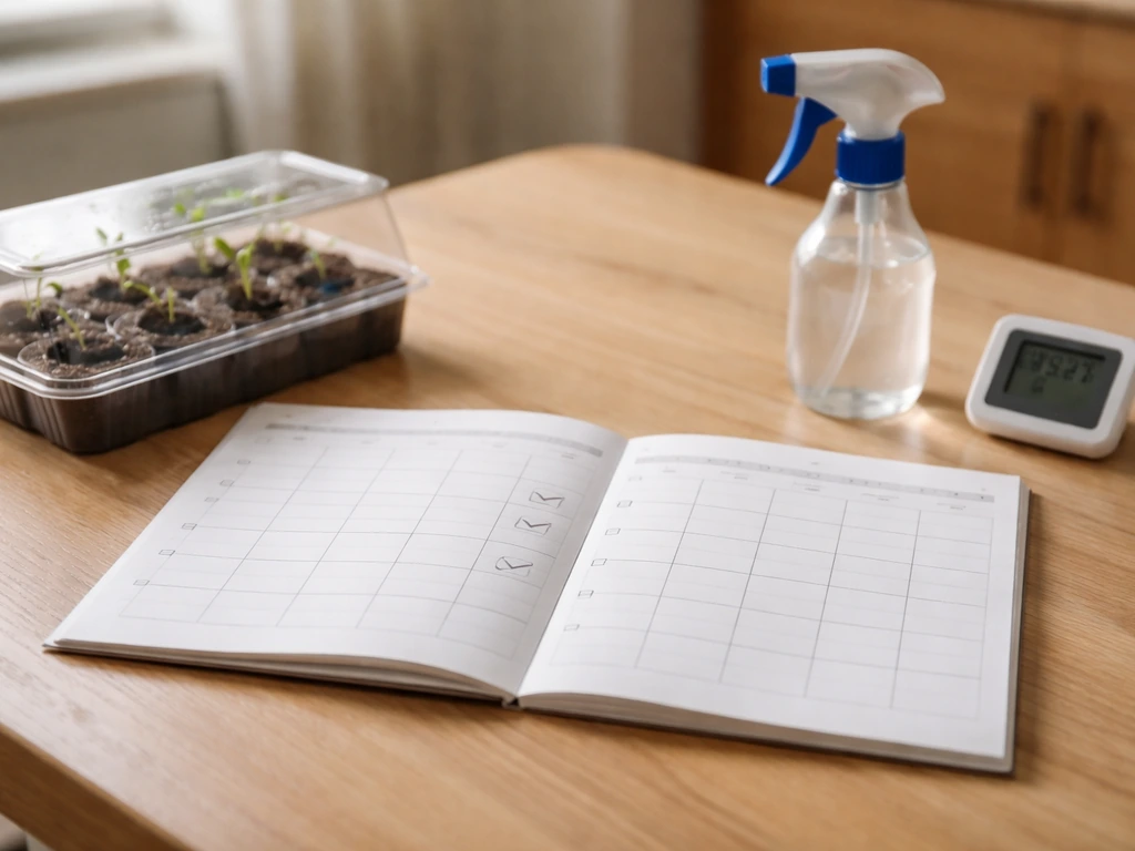 Sunlit kitchen counter with an open indoor grow calendar page and checkmarks, gardening tools nearby