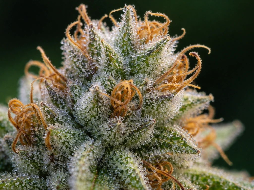 Macro view of cannabis flower trichomes with ambering and pistils browning for harvest timing.
