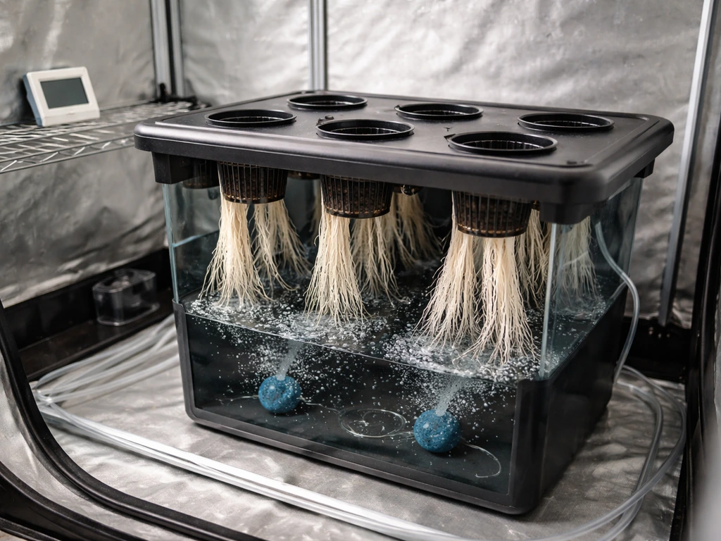 Clean indoor hydroponic grow tent with a DWC system showing net pots, air stones, and nutrient roots.