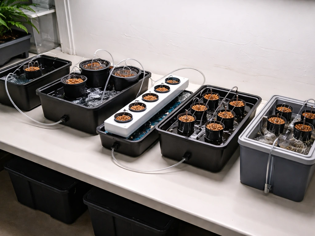 Close-up of hydroponic system components arranged side-by-side in a clean grow room