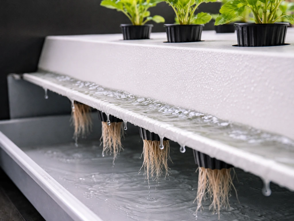 Sloped NFT hydroponic channel with a thin nutrient film flowing and roots visible at the bottom.