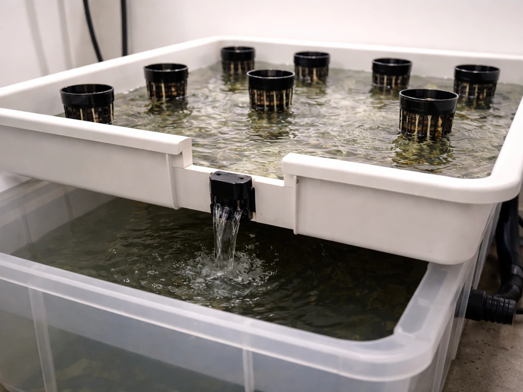 Ebb-and-flow hydroponic tray flooded to net pots, then draining toward the reservoir