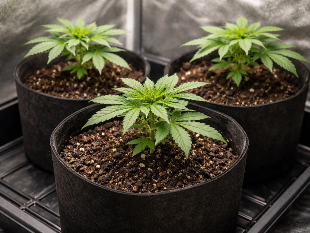 Healthy cannabis plants in fabric pots with nutrient-rich amended soil, no nutrient bottles visible.