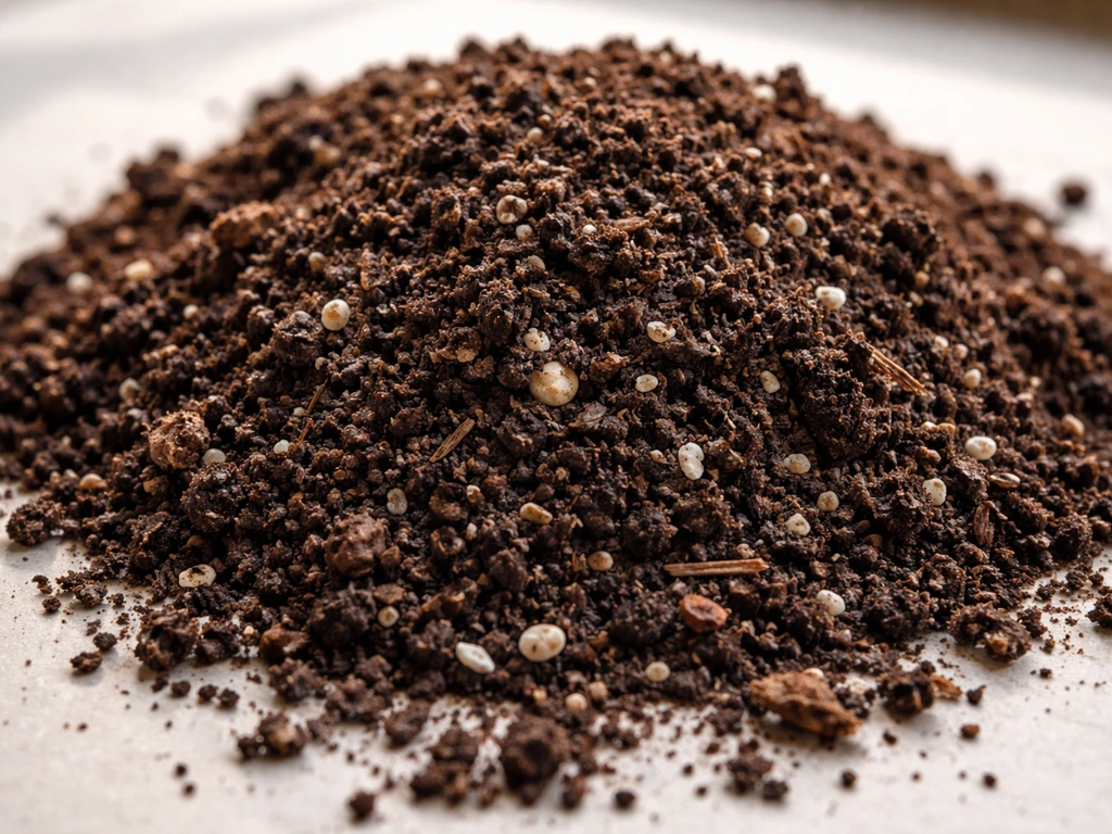 Close-up of dark amended soil with compost flecks and perlite, illustrating nutrient-rich super-soil.
