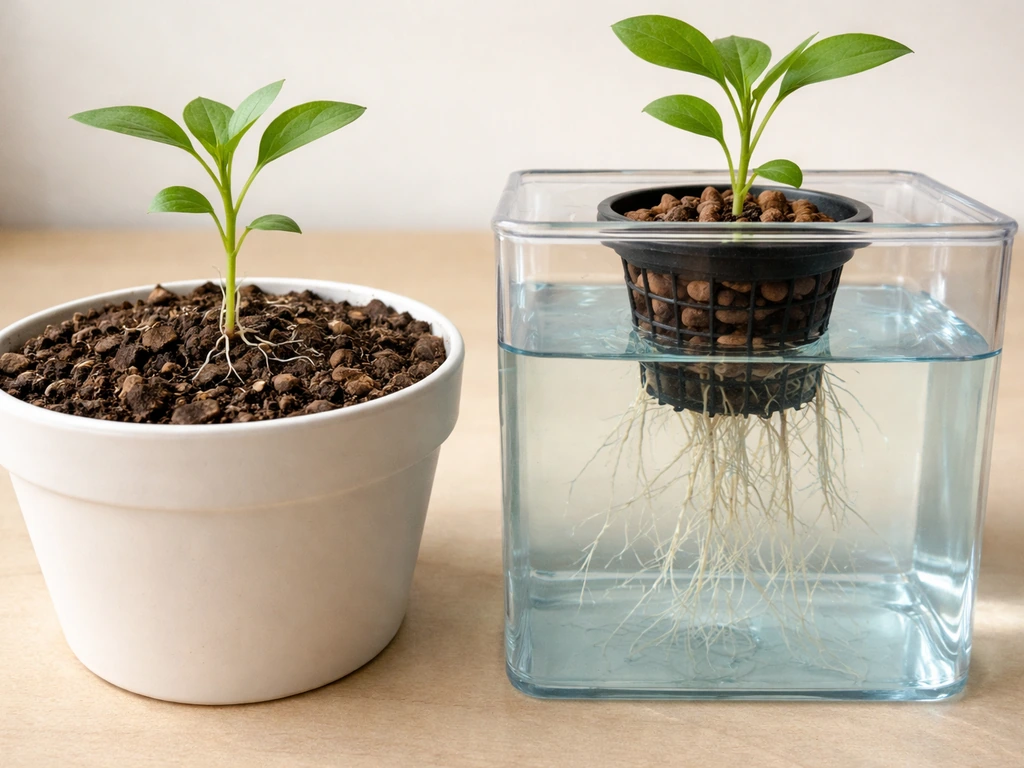 Split-view photo: soil pot with mulch texture beside a clear hydroponic tank showing submerged roots.