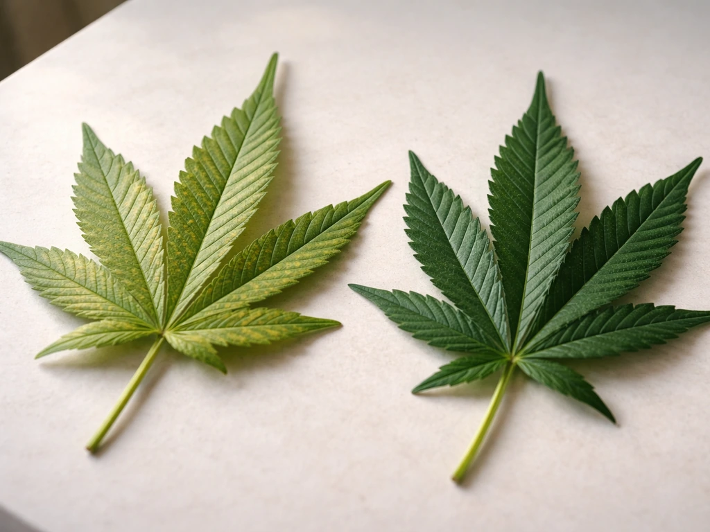 Cannabis leaves side-by-side showing early nutrient deficiency chlorosis beside a healthy green leaf