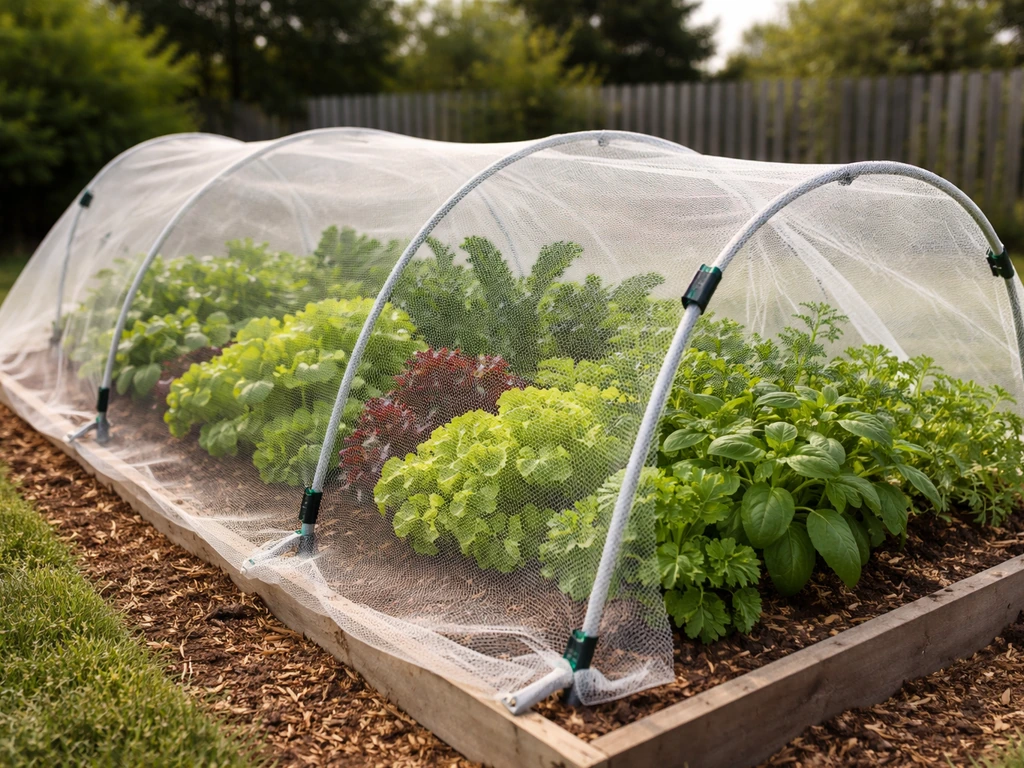 Outdoor herb and vegetable garden bed with row-cover netting protecting plants from bugs in daylight.