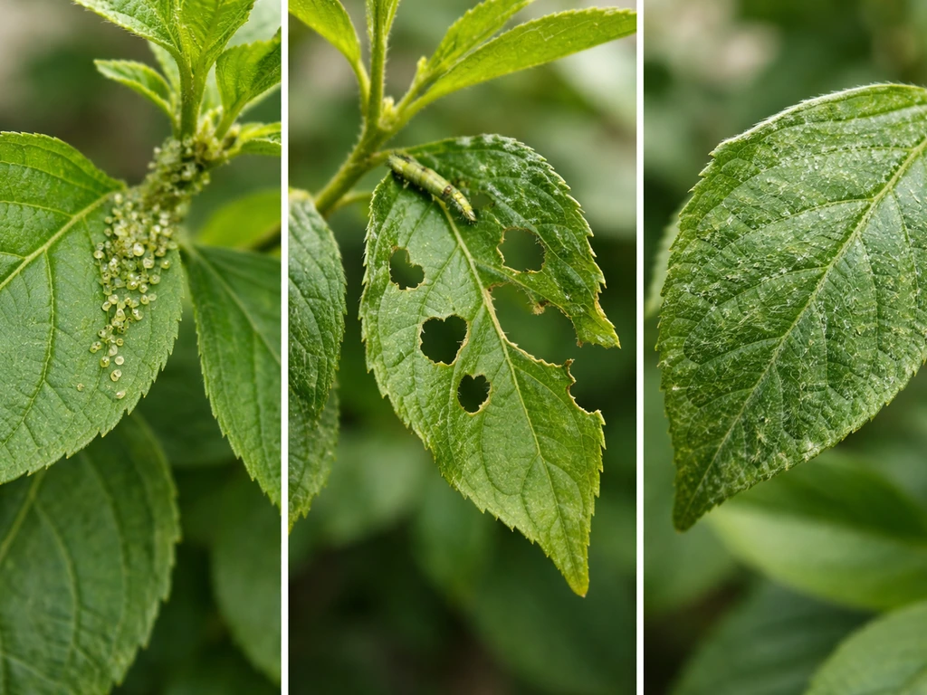 Close-up of aphids, caterpillar damage, and leaf stippling on garden plants in natural light