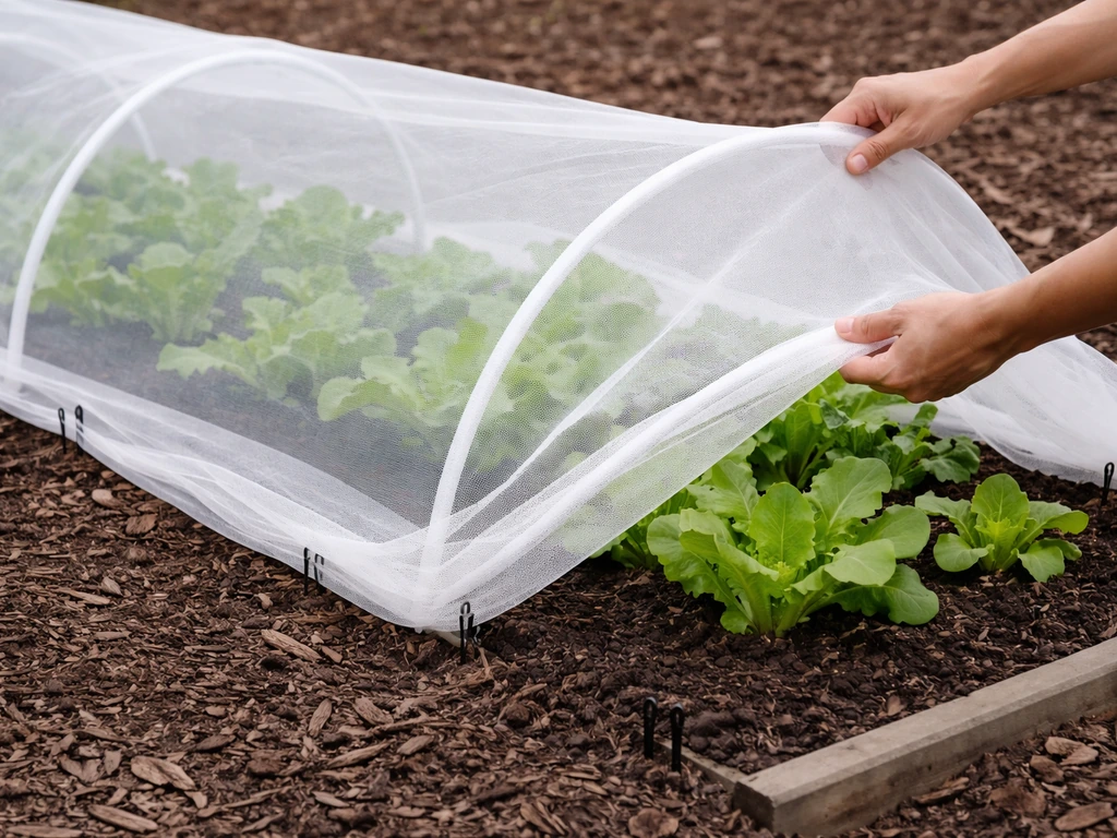 Garden worker installing floating row cover over outdoor plants, fabric edges pinned to the soil.