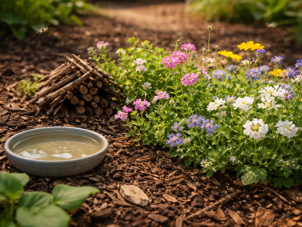 Close view of flowering plants and a small water dish beside garden bed mulch, attracting beneficial insects.
