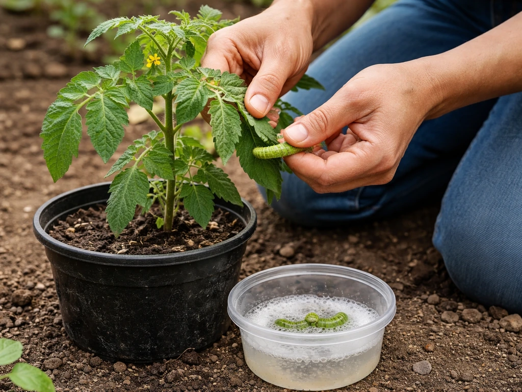 Gardener inspecting tomato leaves and removing hornworms by hand over a small soapy water container