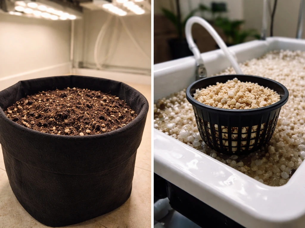Split view of indoor soil grow medium container beside hydroponic setup with soilless media