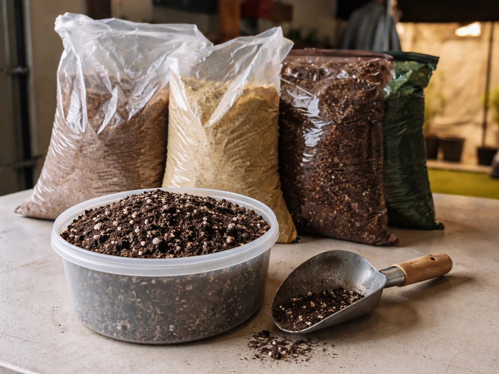 Assorted amended potting mix bags and a container with visible perlite on a workbench near a grow tent.