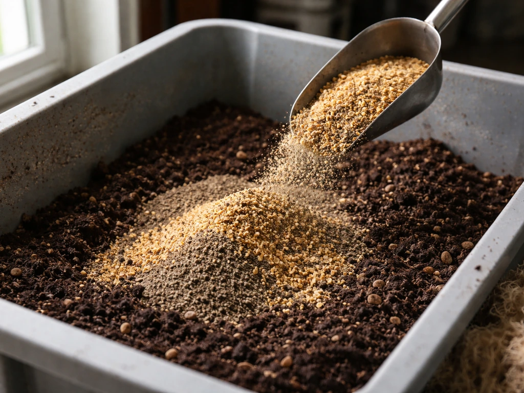 Dry organic amendments being layered into dark compost and worm castings in a mixing bin.