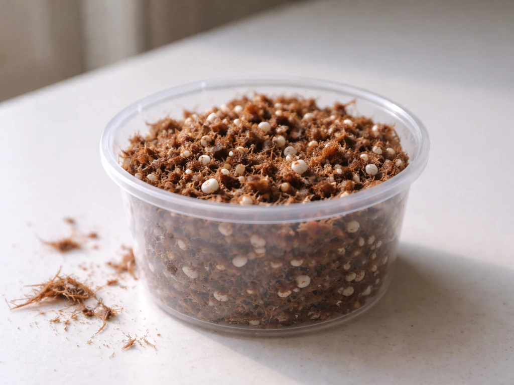 Coco coir fibers and a coco/perlite mix in a small container, showing moist texture for indoor growing.